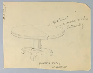 Dibujo, Diseño para una mesa redonda de comedor de caoba con patas en forma de rollo